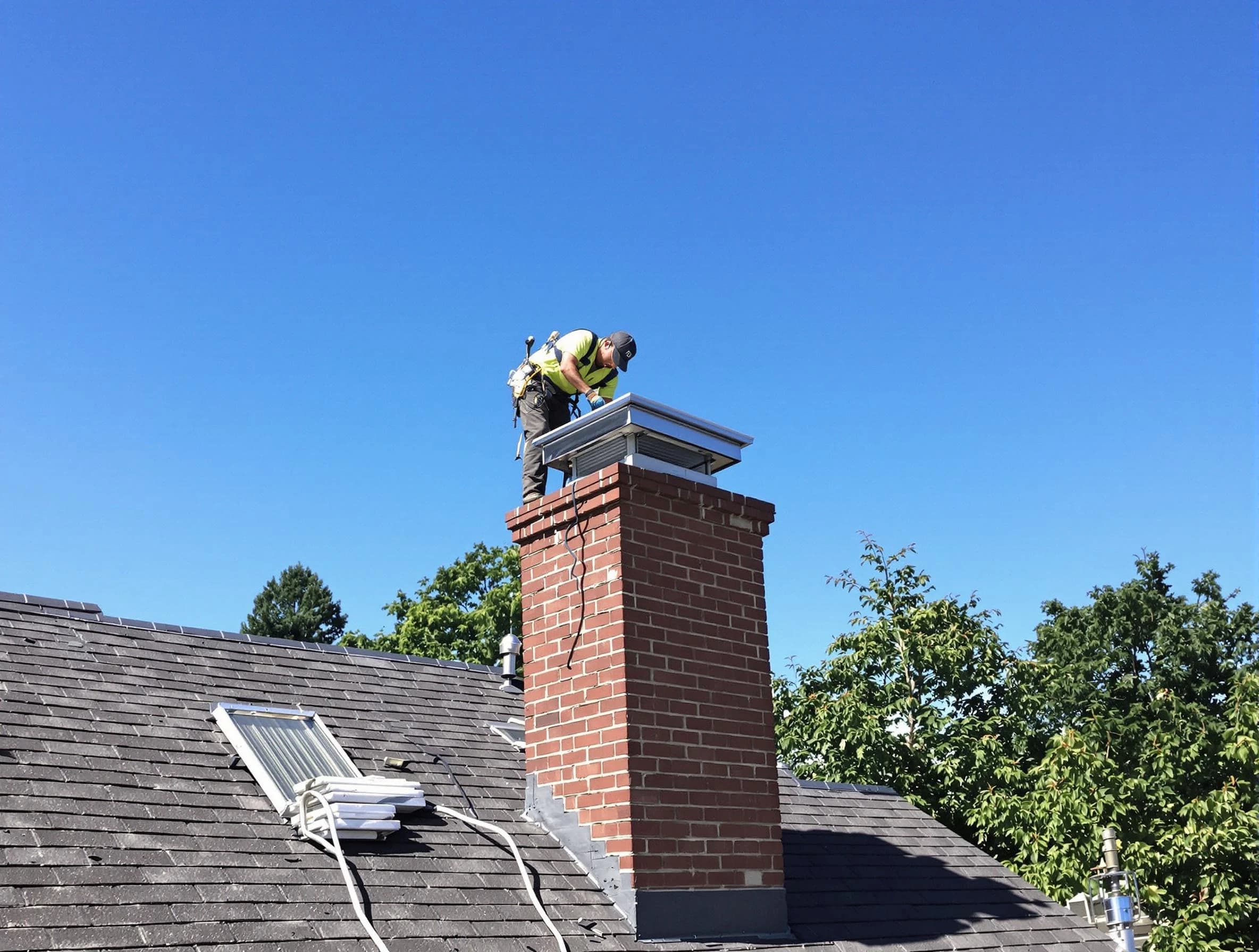West Point Chimney Sweep technician measuring a chimney cap in West Point, UT